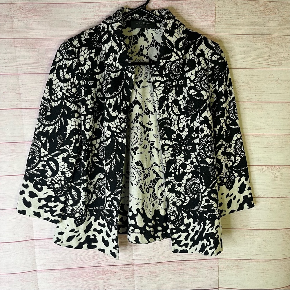 St.John Black White Wool Blend Geometric Cardigan Sweater Size 2